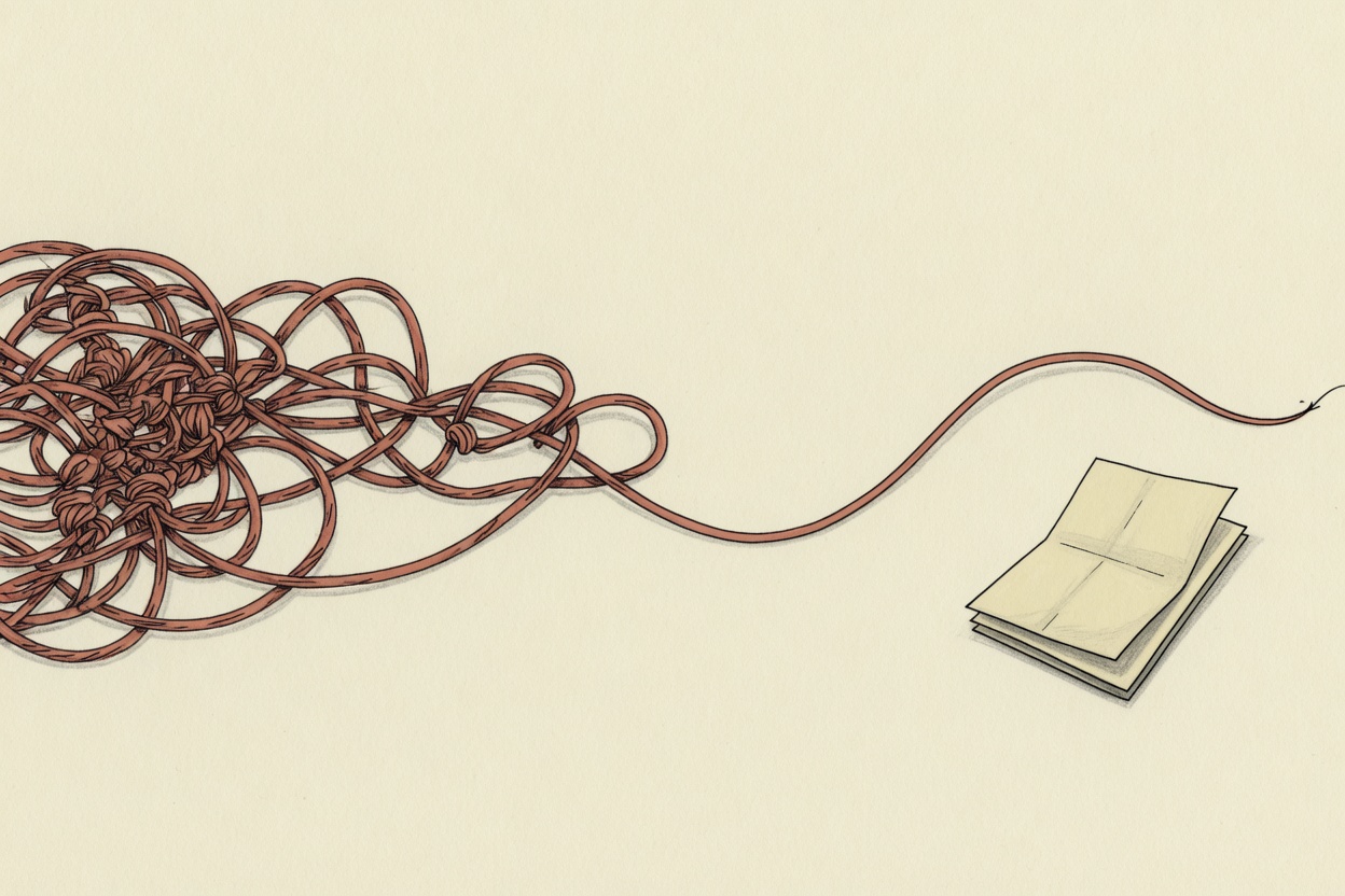 A tangled terracotta thread unwinds into a simple line beside a folded page.